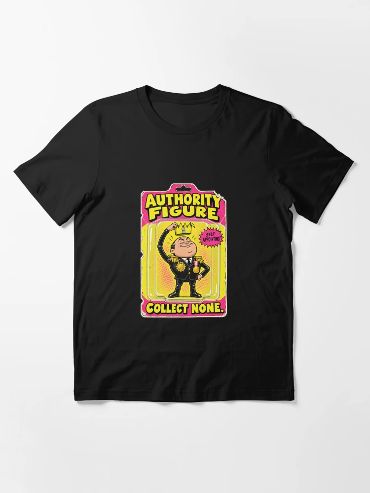 Black T-shirt featuring the Authority Figure parody toy packaging.