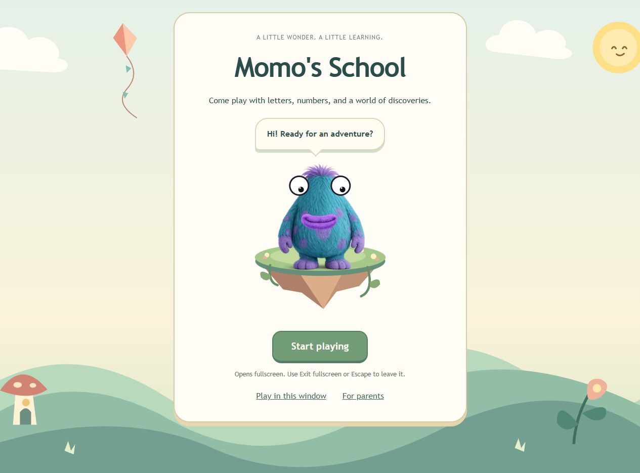 Momo, a friendly teal character, welcomes players to Momo’s School.