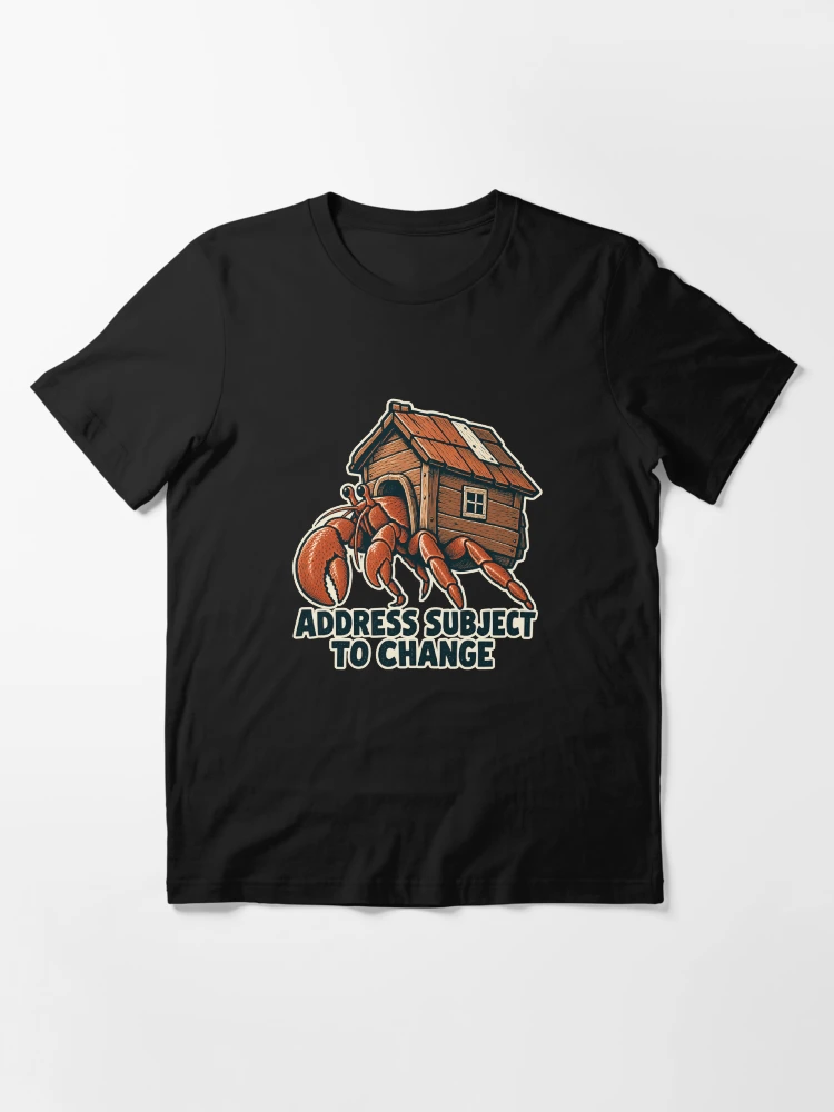 Black T-shirt featuring a wandering workshop carried by a hermit crab.